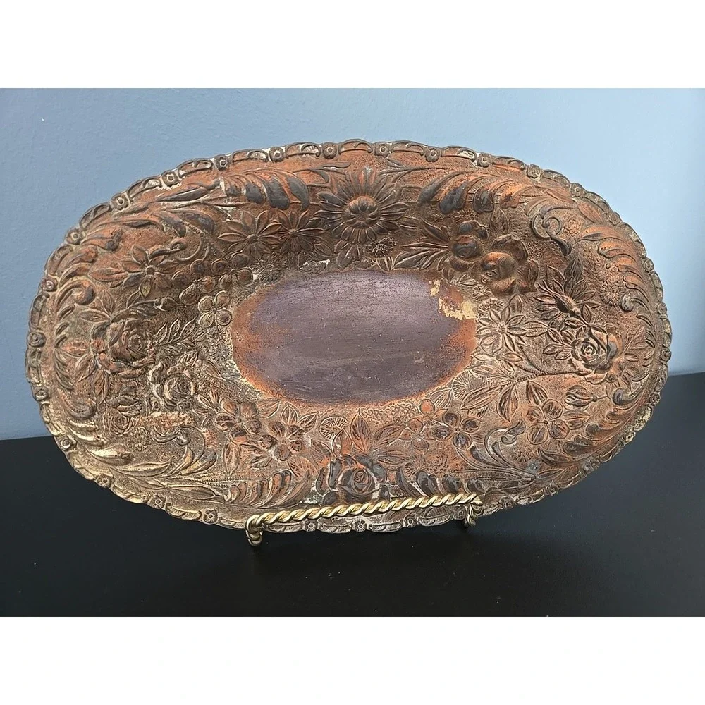 Antique Silver Gold Copper Tone Bowl 9.5